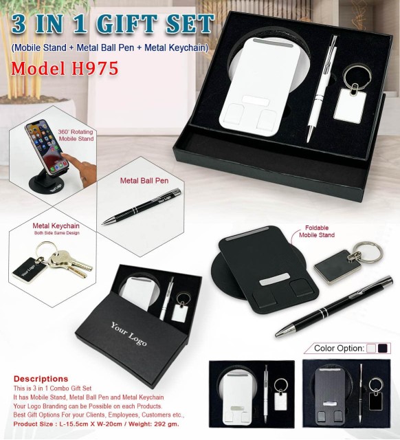 3 in 1 gift set mobile stand, metal ball pen and metal keychain